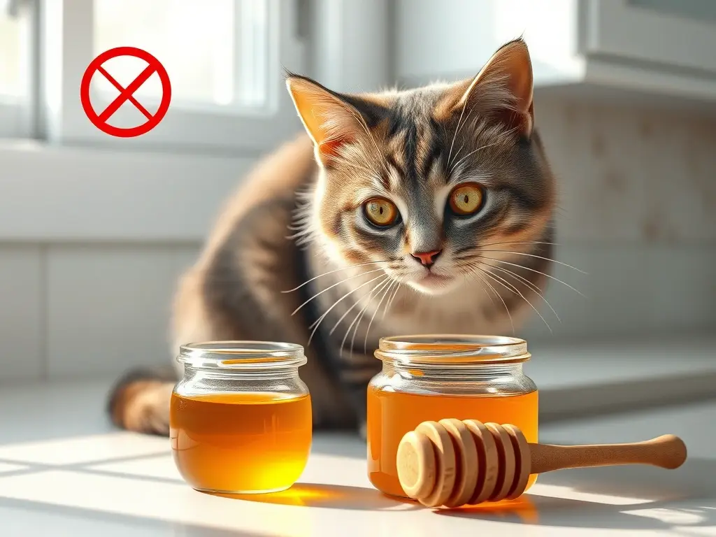 Gato observa miel con símbolo de precaución
