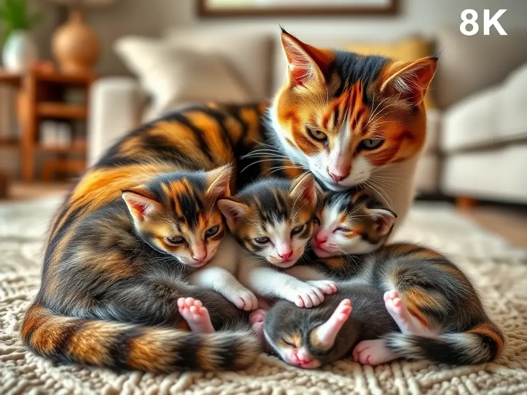 Imagen realista de una gata maman durmiendo a sus gatitos