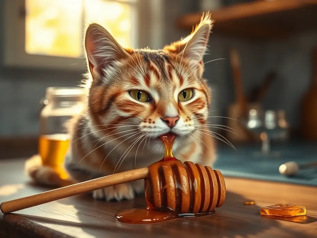 Gato curiosa lamiendo miel en cocina rústica