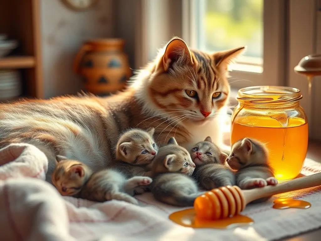 Gata cuida gatitos, miel brilla en cocina