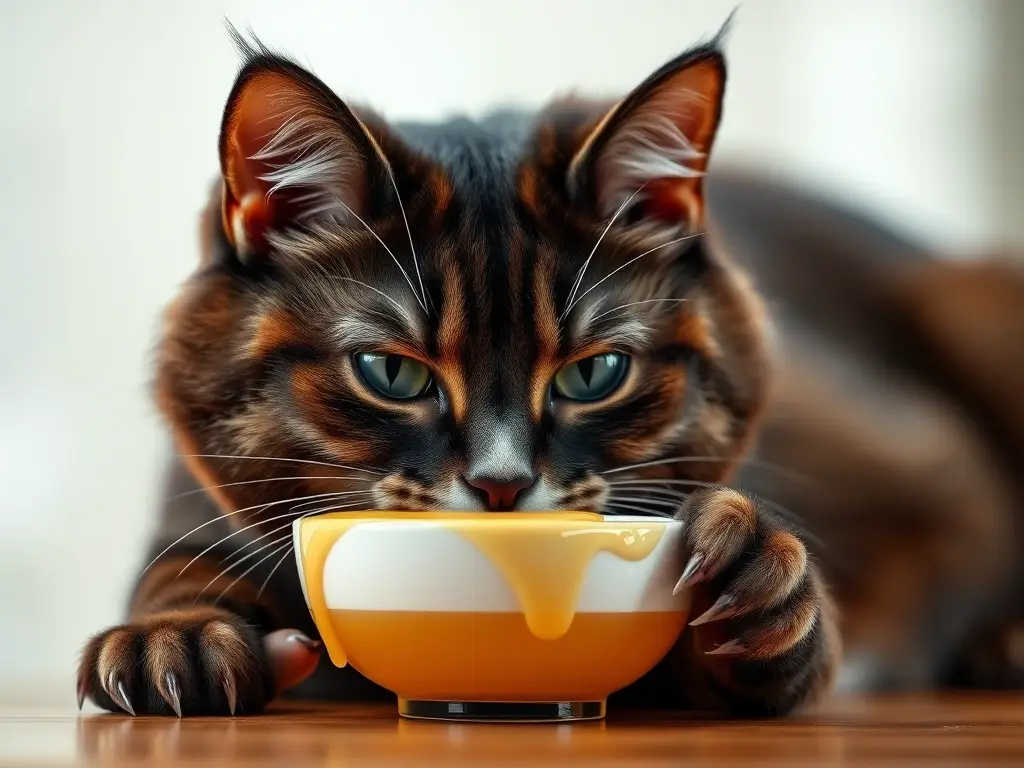 Un gato doméstico de pelaje brillante disfrutando de miel con enfoque nítido