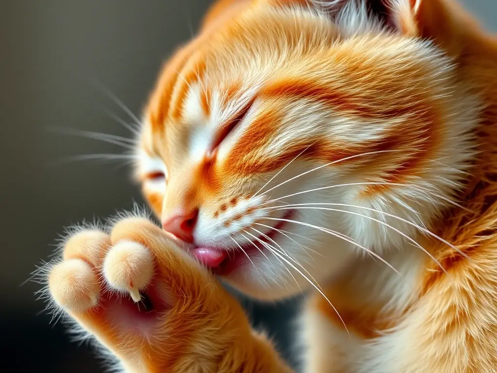 Foto realista de un gato tabby jengibre bebiendo y curando sus heridas