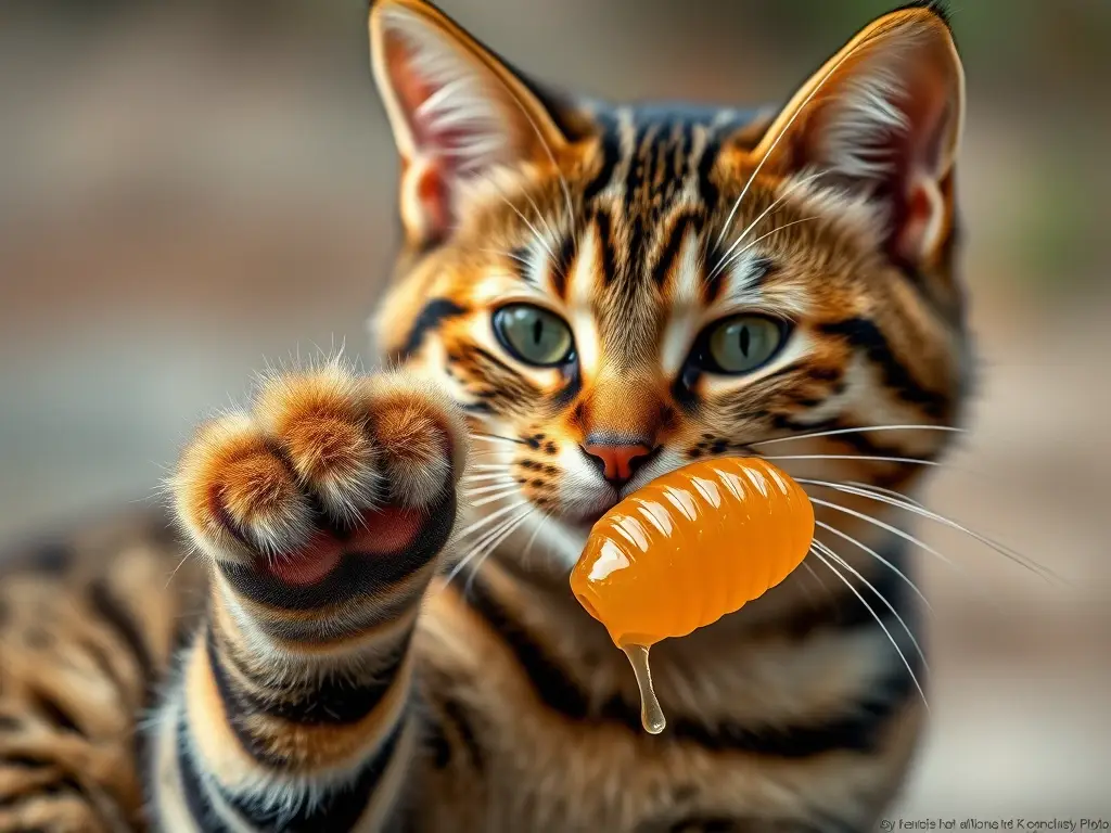 Foto realista de un gato tabaquino con una pata con miel