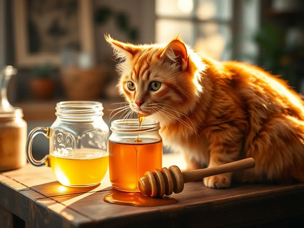 Gato rojo, miel y luz en cocina
