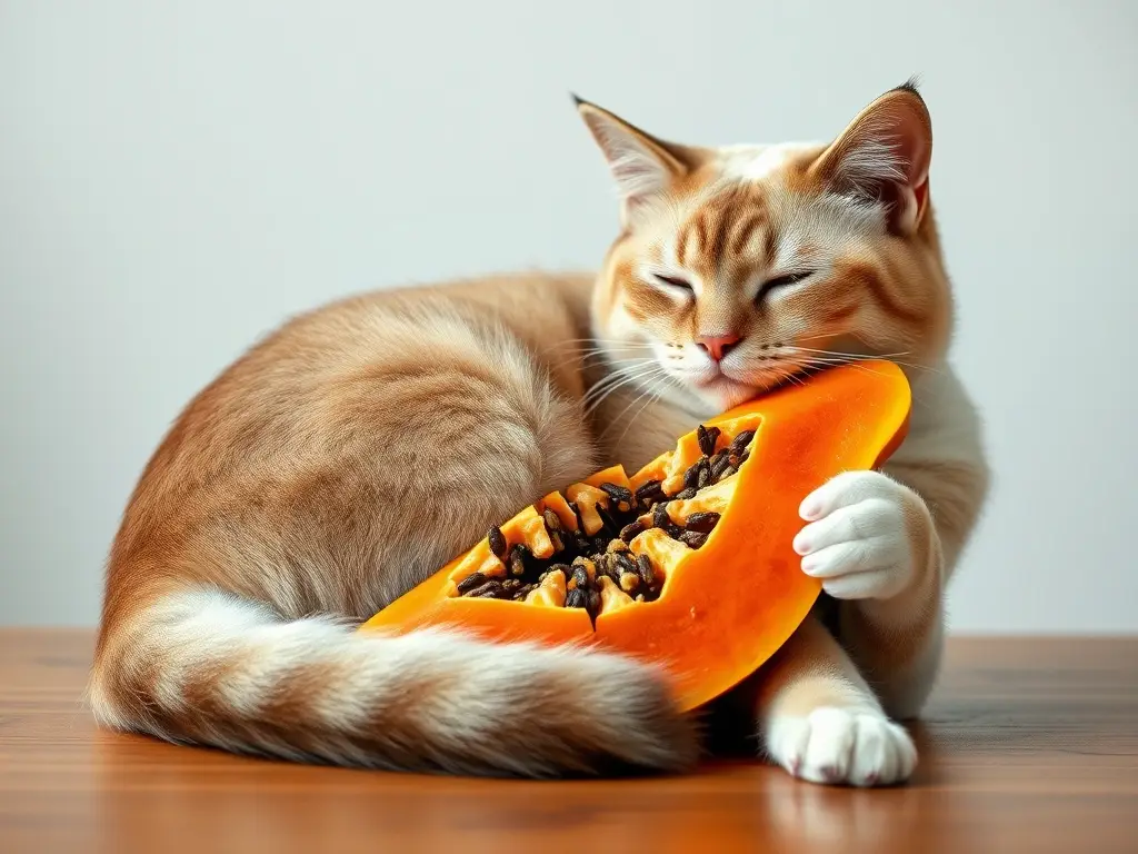 Fotografía realista de un gato persa con papaya en un plano