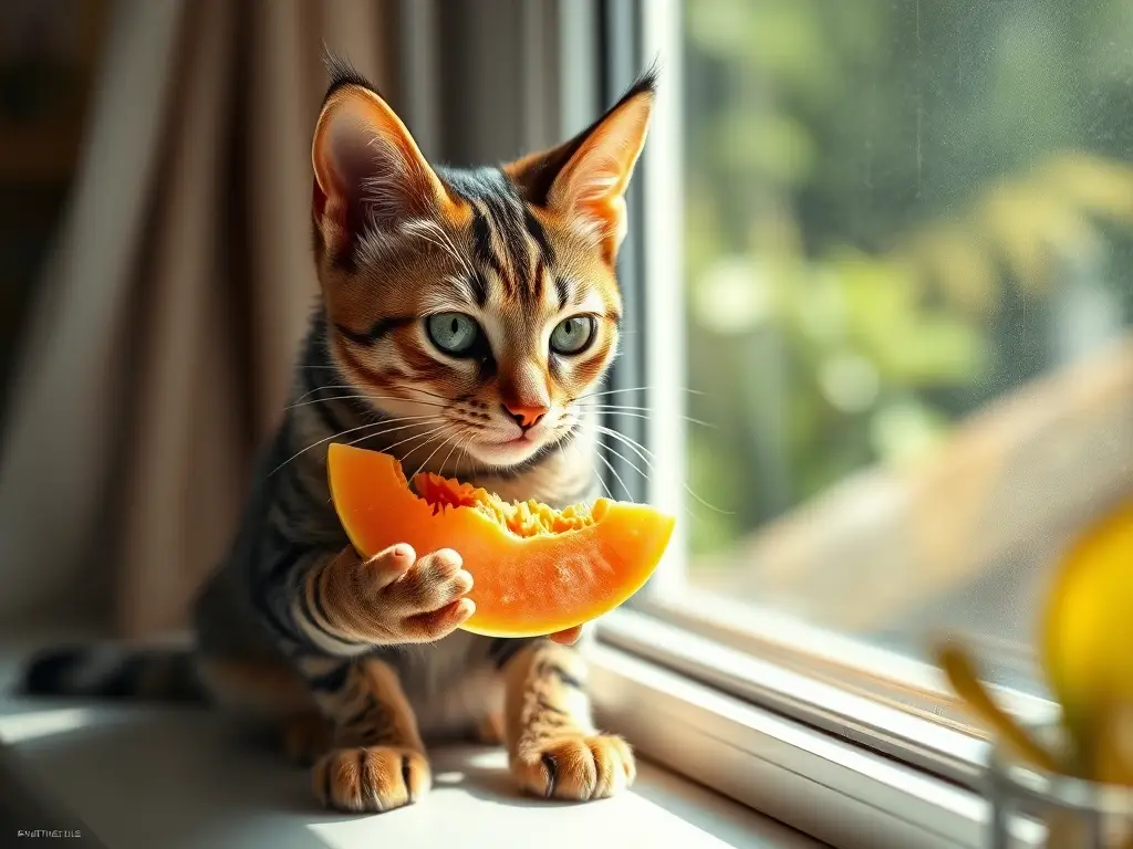 Fotografía realista de un gato tabby disfrutando de una papaína, con luz solar