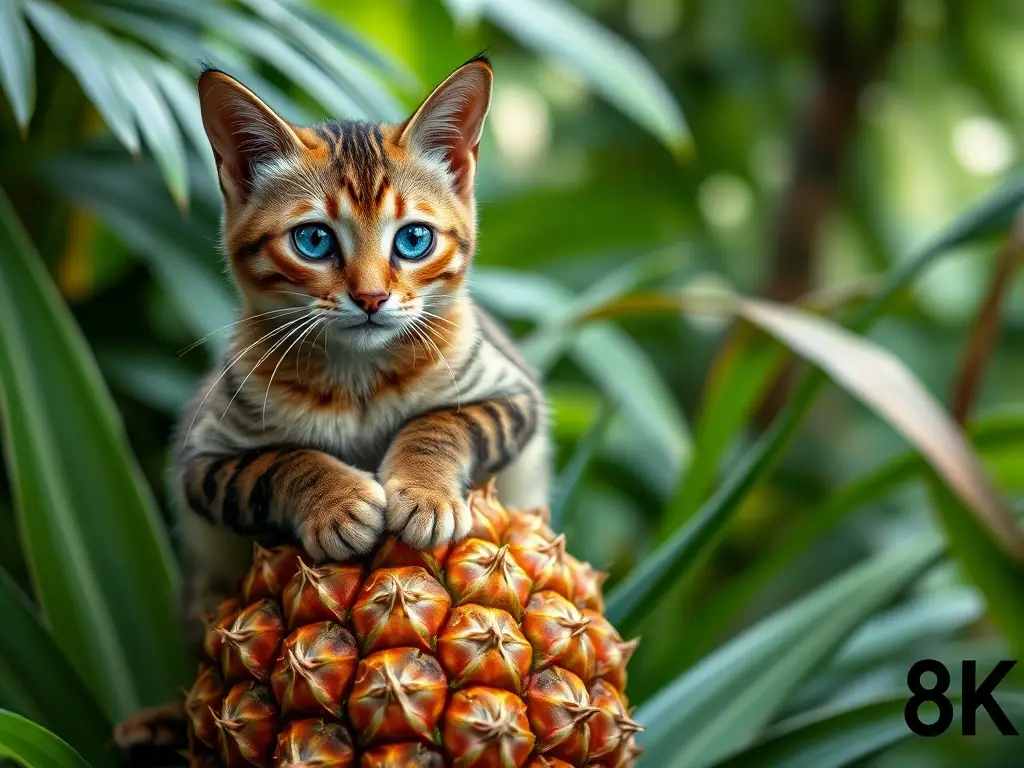 Foto realista de un gato tabby con ojos azules en un topo de piña