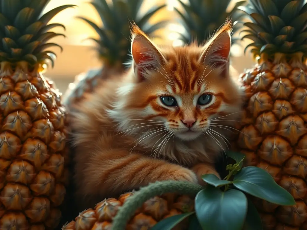 Un retrato realista de un gato tabby con color fuego en una pila de pinapples