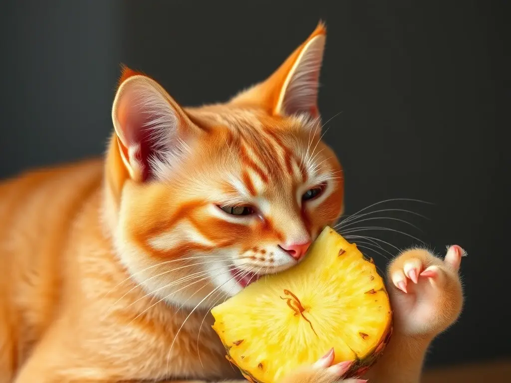 Ilustración realista de un gato de color anaranjado comiendo piña