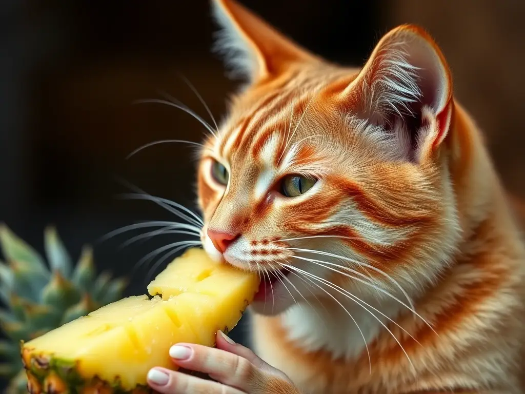 Un retrato realista de un gato tabby de jengibre comiendo piña