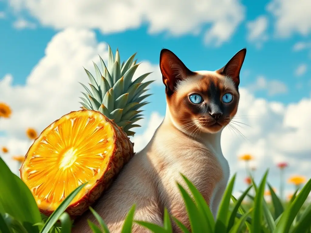 Un gato de ojos curiosos y una piña colorida rodeado de un jardín exuberante