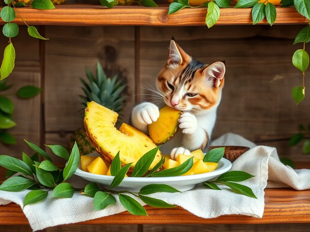 Un gatito juega con pinapple realista en un fondo natural