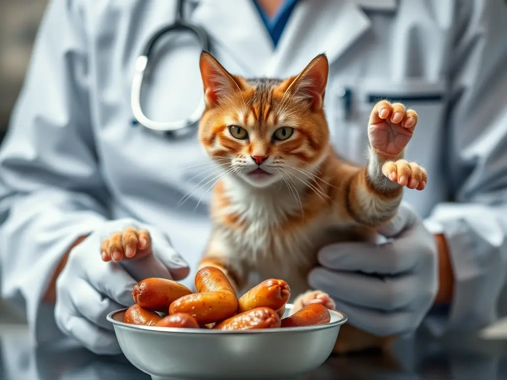 Fotografía realista de veterinario examinando un gato juguetón