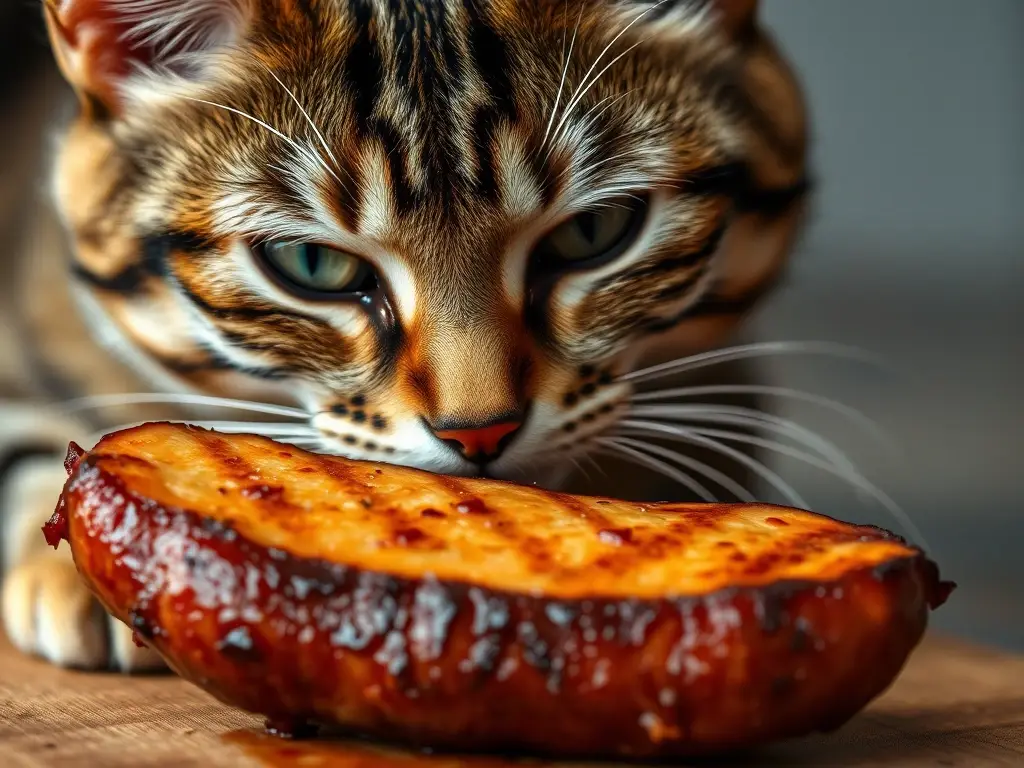 Imagen fotorealista de un gato tabby observando un trozo de pollo a la plancha, detallada