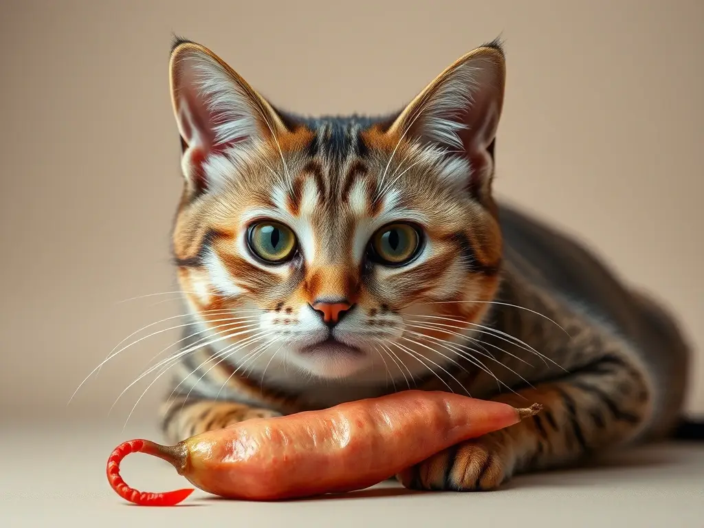 Fotografía realista de un gato con salchicha