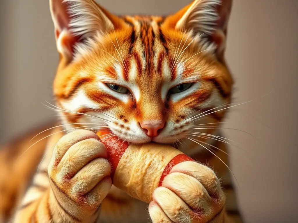Un retrato realista de un gato masticando un cruffin de salchicha