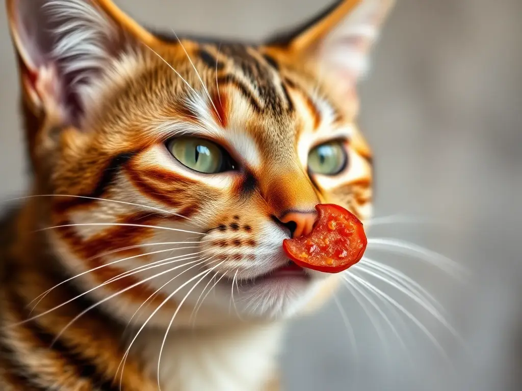 Un gato tabby disfruta un chorizo en cámara real