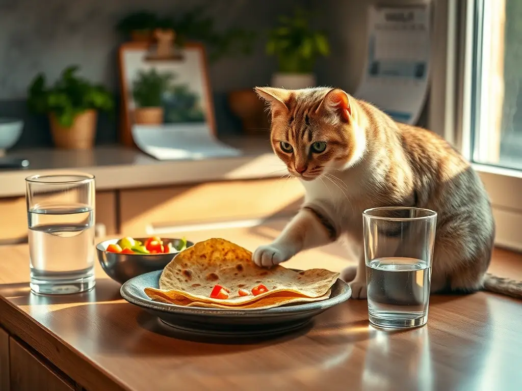 Gato en cocina toca tortilla dorada
