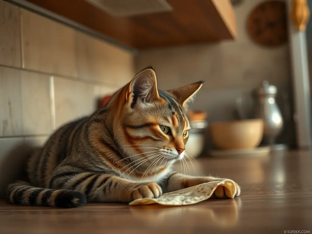 Una catea tabby relajante en una cocina mexicana