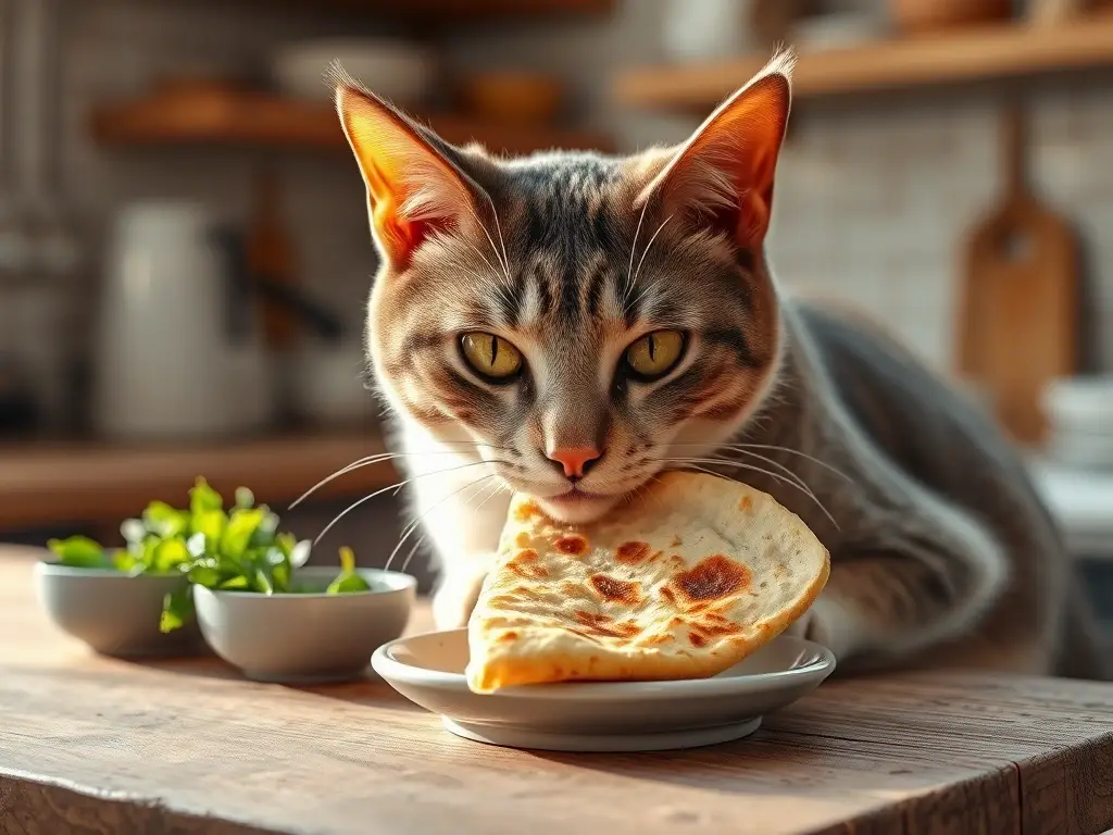 Gato come tortilla en cocina iluminada
