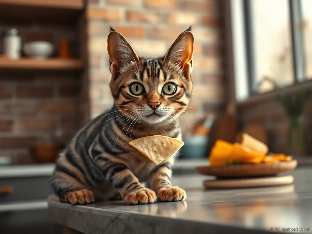 Una ilustración realista de un gato con tortitas, mirando al espectador