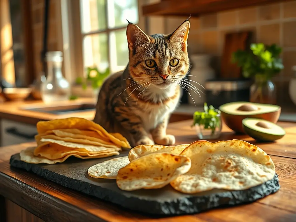 Gato curioso observa tortillas en cocina