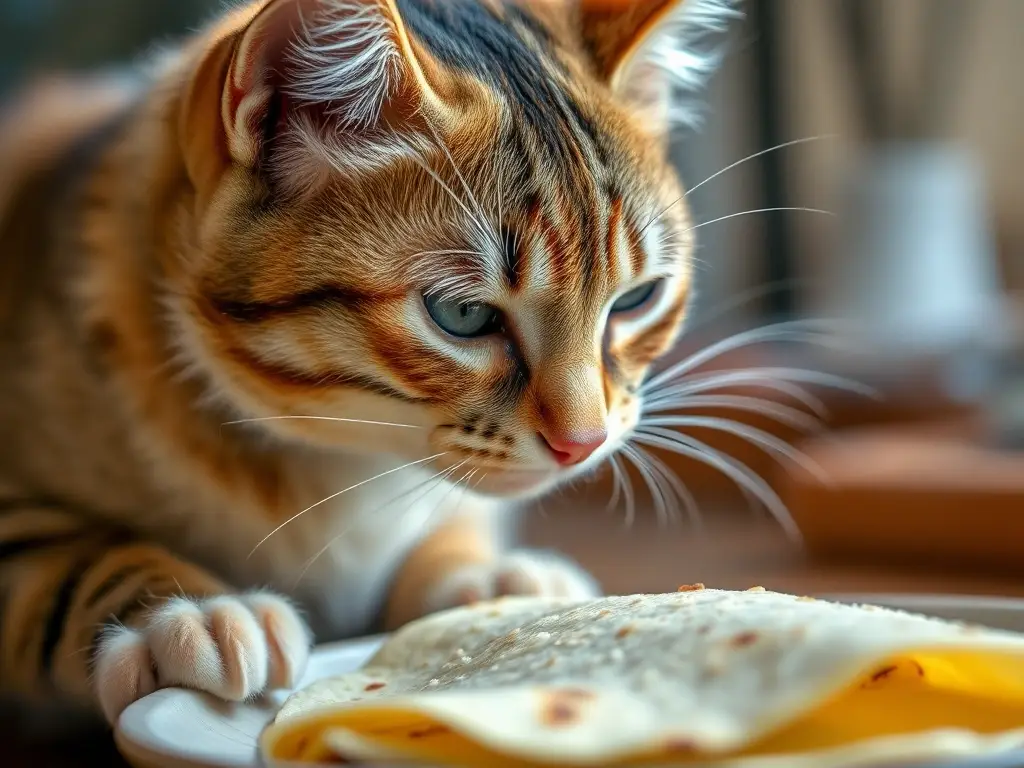 Imagen realista de un gato observando una tortilla