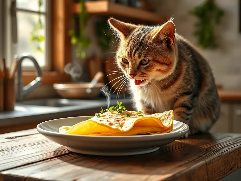 Gato doméstico lame tortilla en cocina