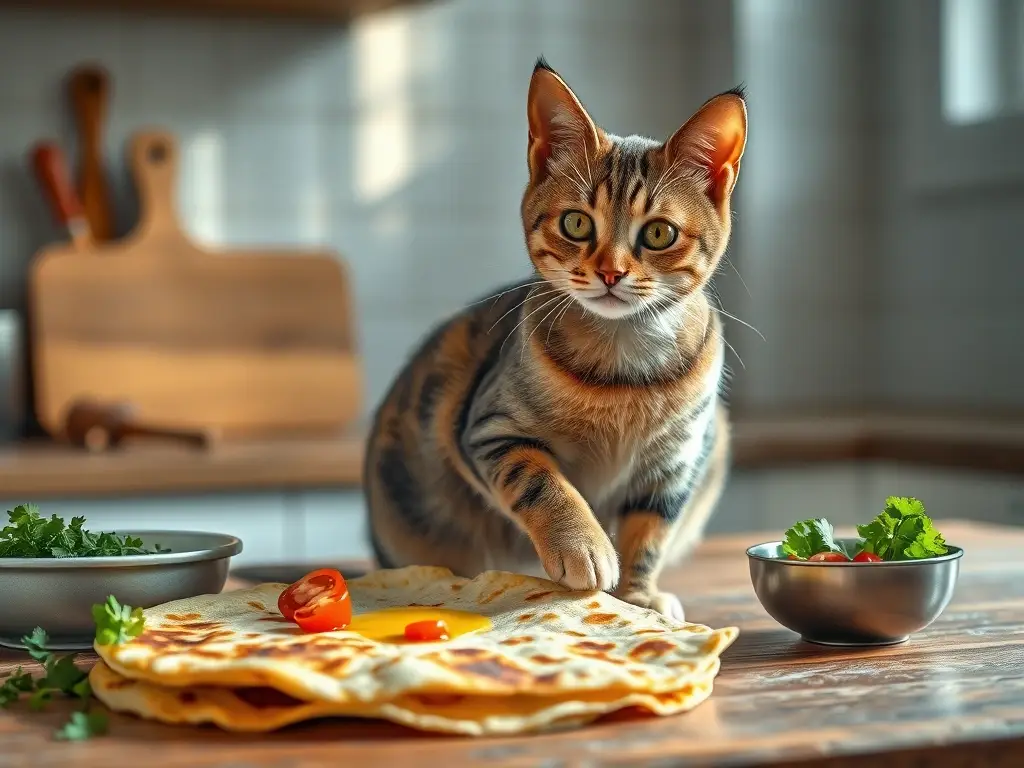 Gato curioso está sobre tortilla en cocina