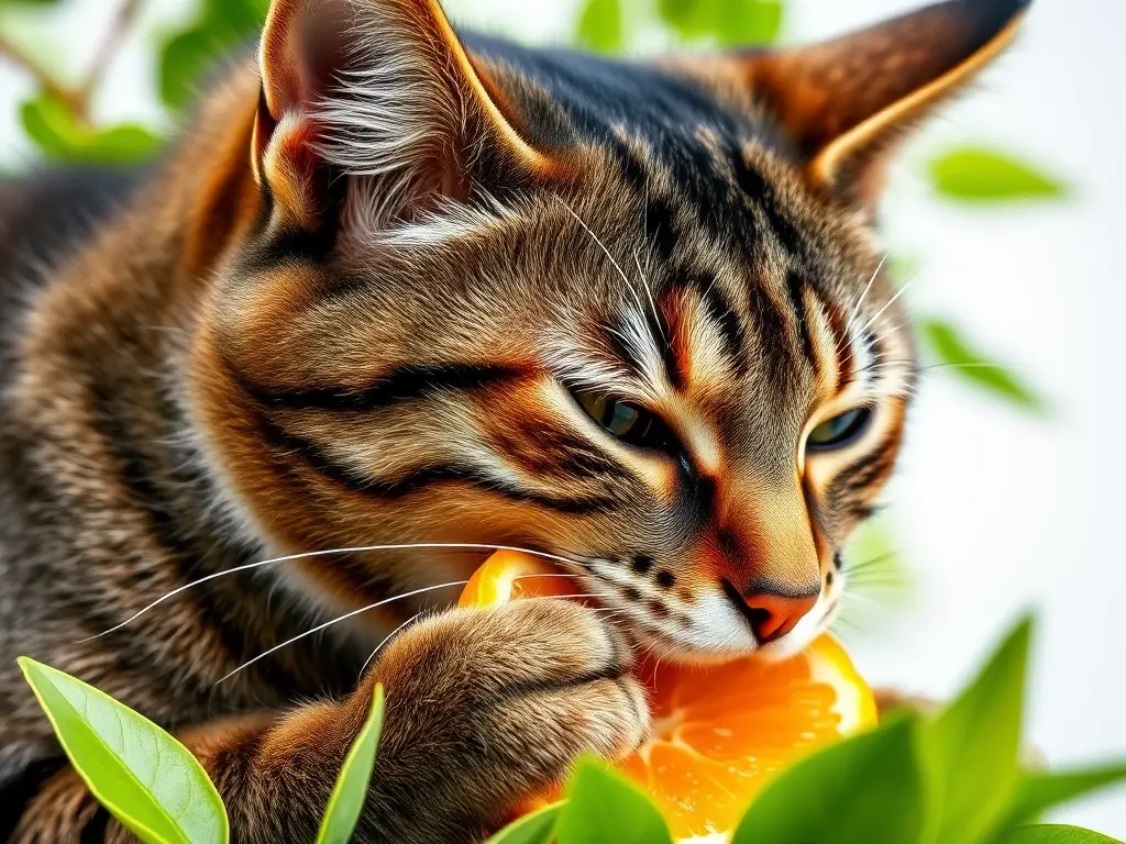 Foto de un gato tabbie comiendo naranja