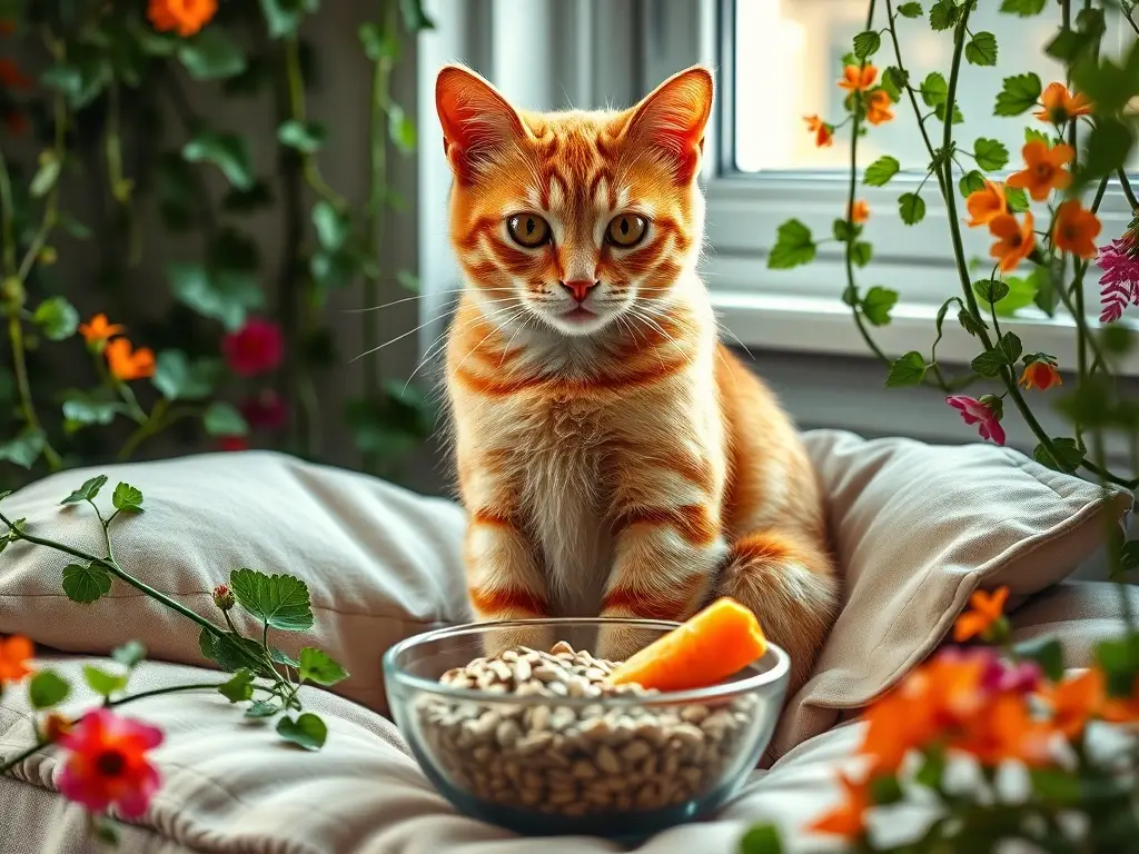 Un gato tabby de jengibre observa un alimento en un entorno natural