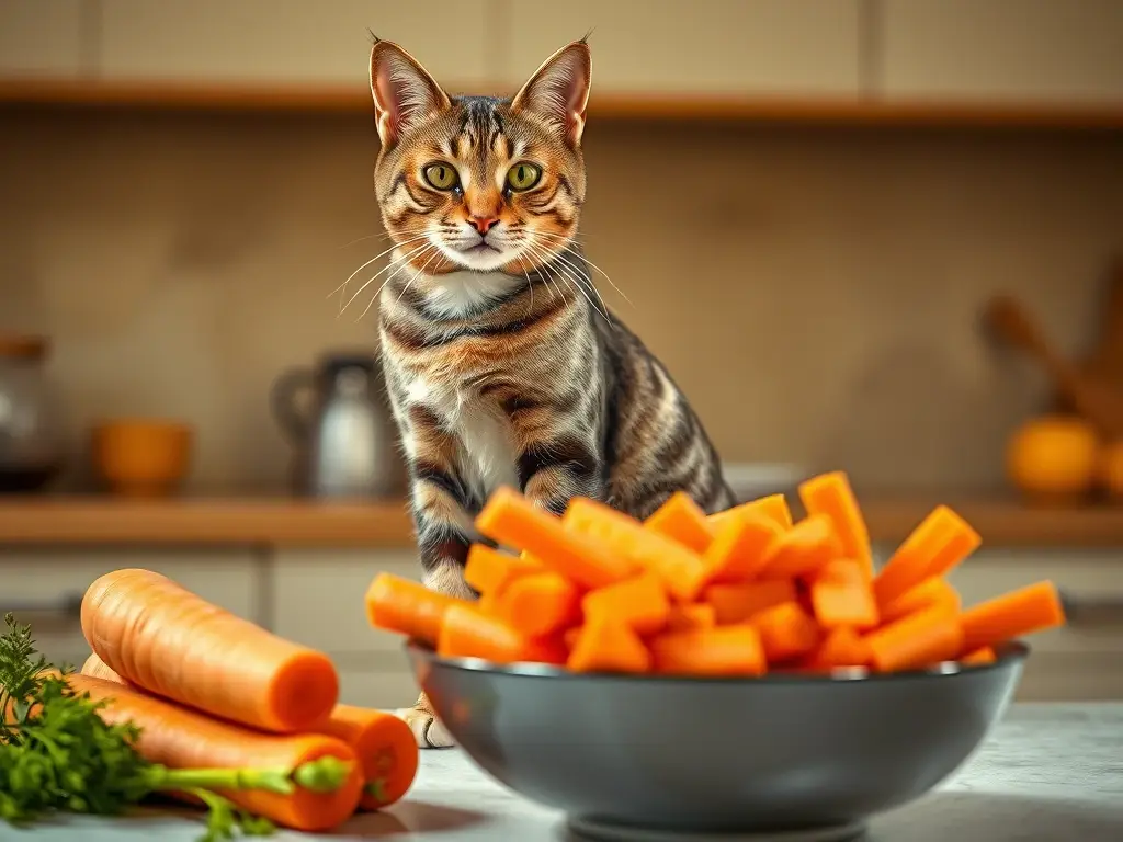 Un retrato realista de un gato tabby con zanahorias