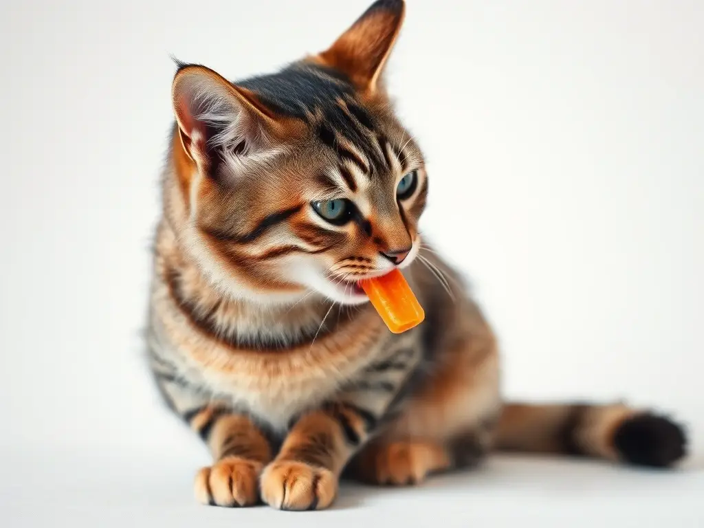 Imagen realista de un gato tabby comiendo zanahoria en blanco, 8k