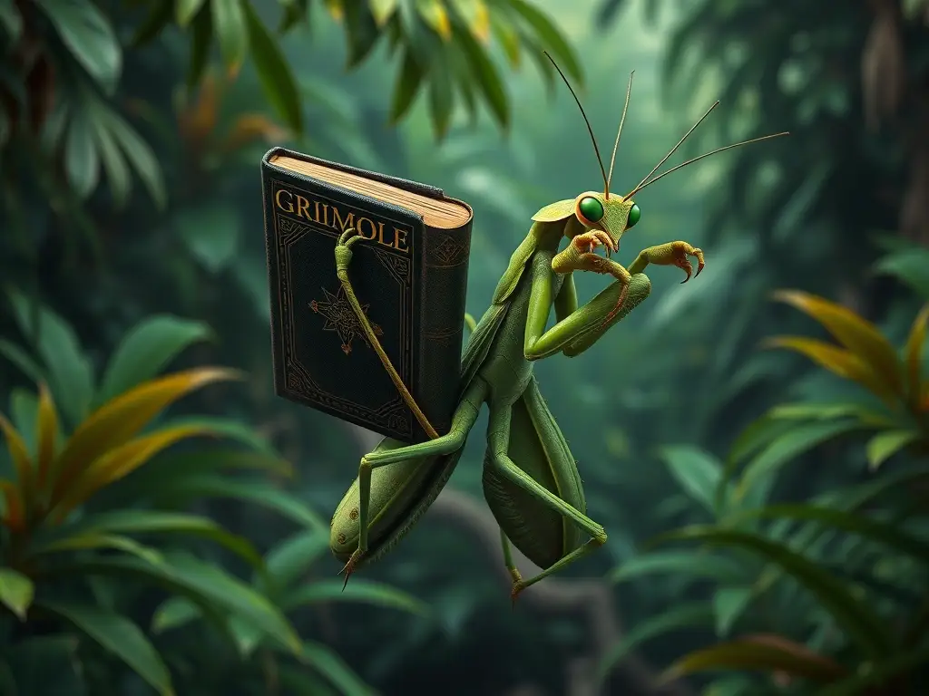 Fotorealista de grimorio por una mantis verde en selva tropical