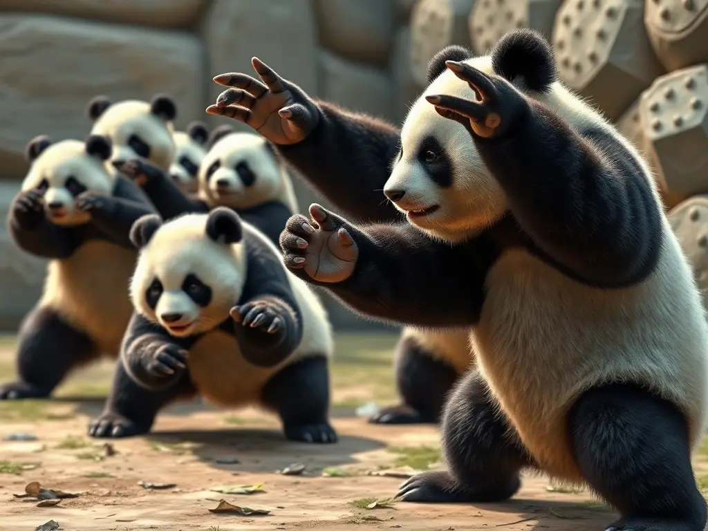 Fotografía realista de pandas defendiéndose con precisión