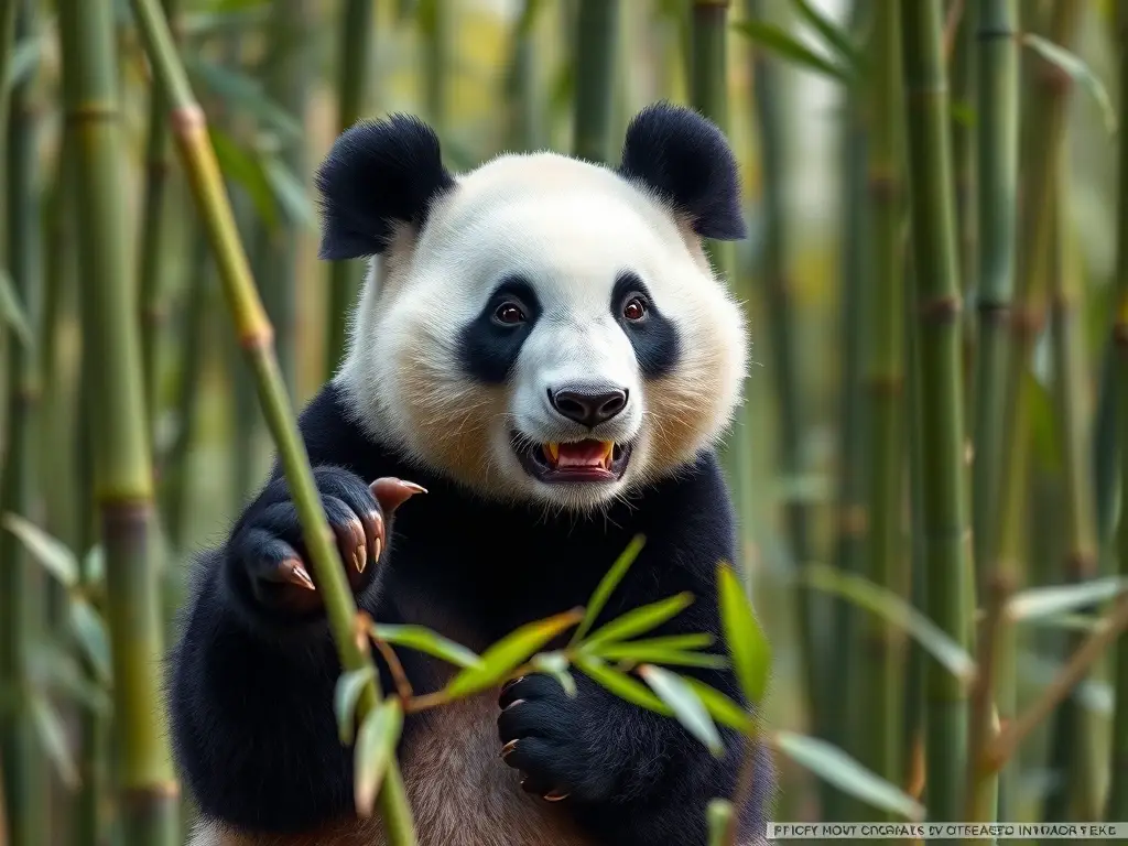 Imagen fotorealista de panda negro y blanco en un bosque de bambú