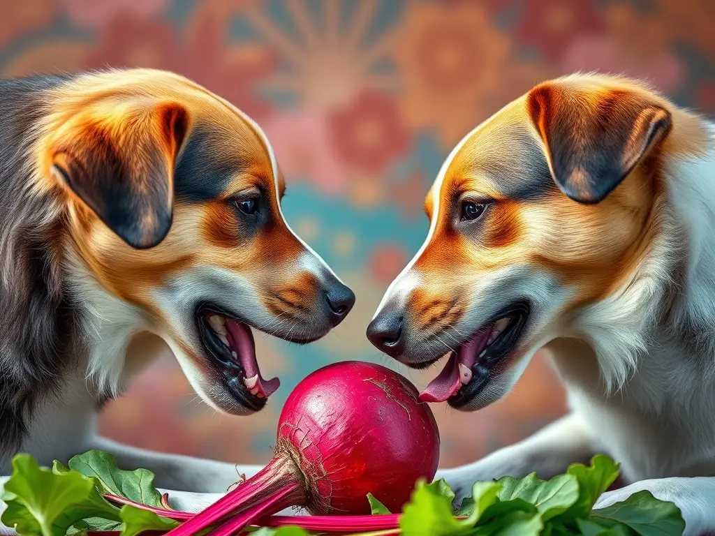Dos perros con colores brillantes beiendo un puñado de remolacha