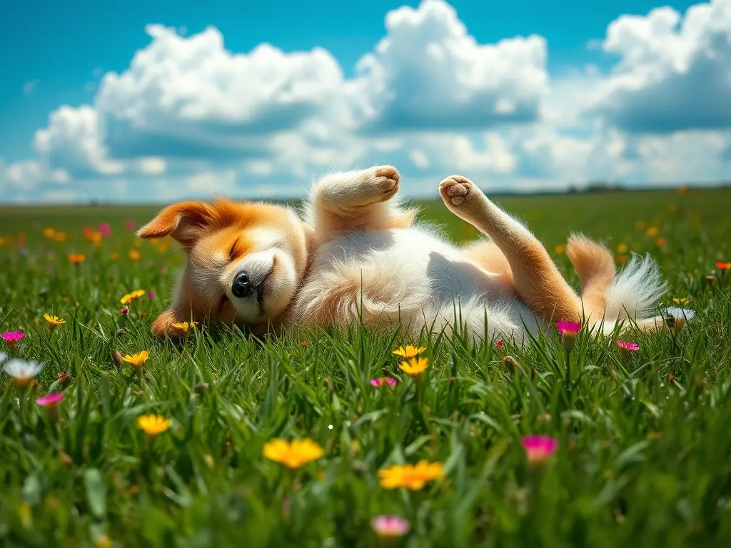 Un retrato realista de un perro feliz jugando en un prado