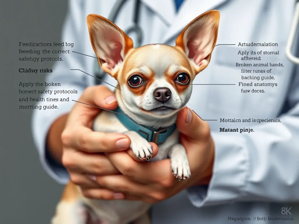 Ilustración realista de una veterinaria con un perro chihuahua en el collar, con información sobre cuidado