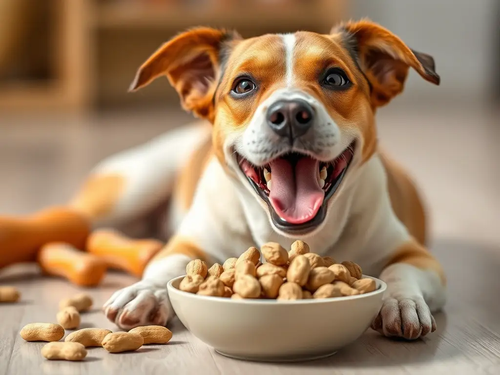 Foto realista de un perro feliz comiendo golosinas