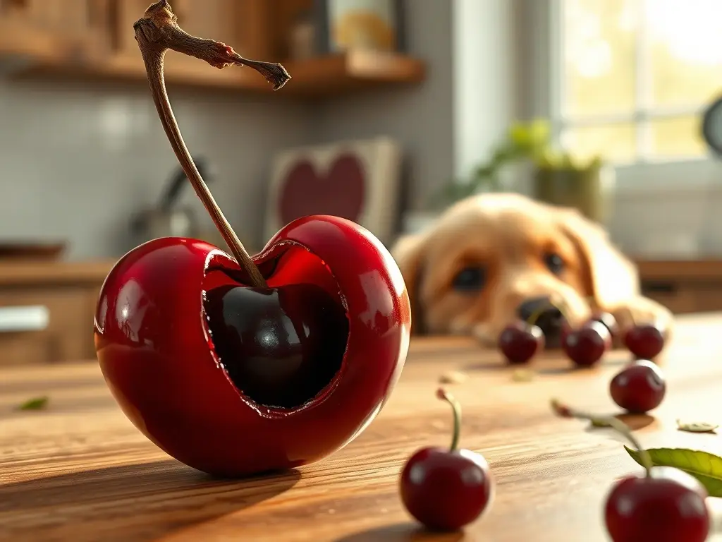 Cereza roja abierta, semilla mortal, cachorro curioso