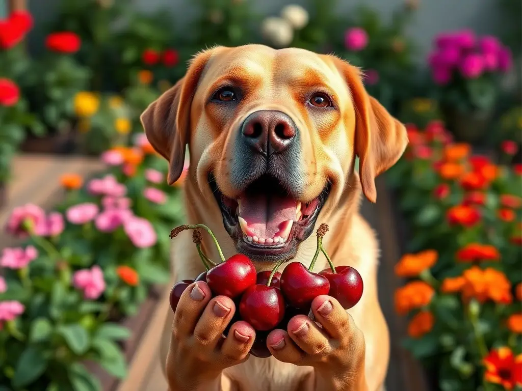 Un retrato realista y detallista de un labrador retriever feliz con cherries