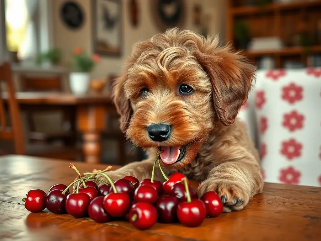Fotografía realista de un cachorro de Labradoodle feliz masticando ciruelas en una mesa de madera rústica