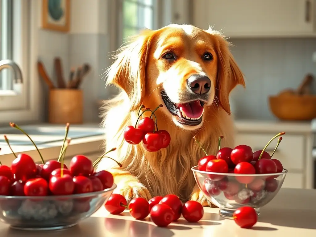 Golden retriever sostiene cerezas en cocina