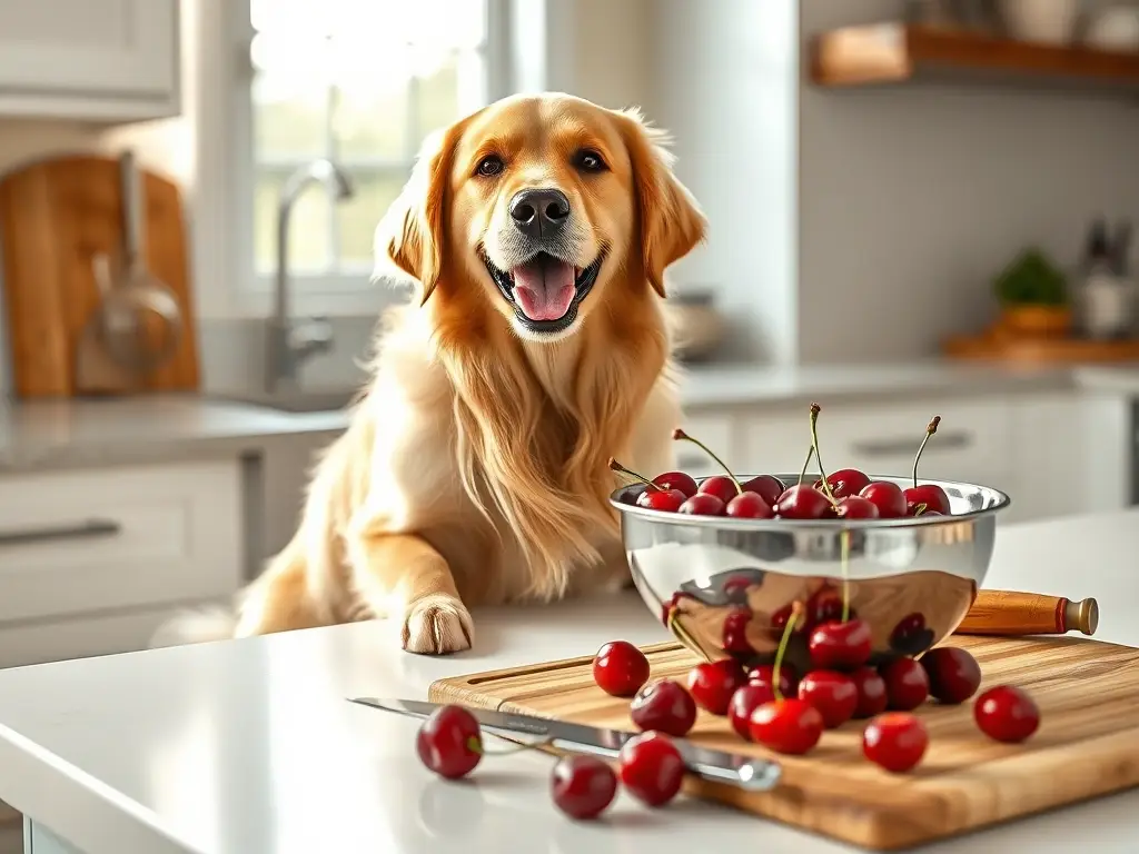 Golden retriever feliz en cocina con cerezas