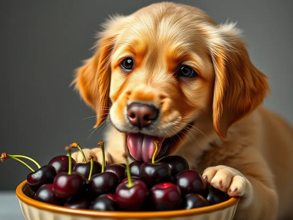 Foto realista de un cachorro Golden Retriever feliz comiendo ciruelas