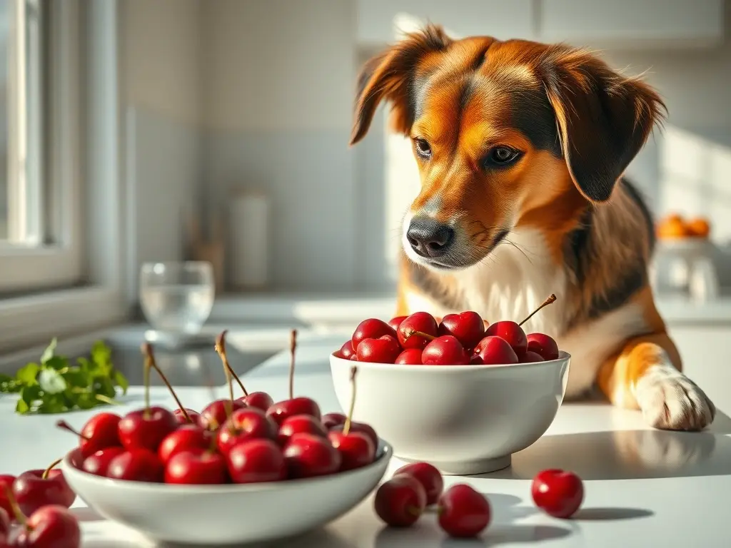 Perro observa cerezas en encimera blanca