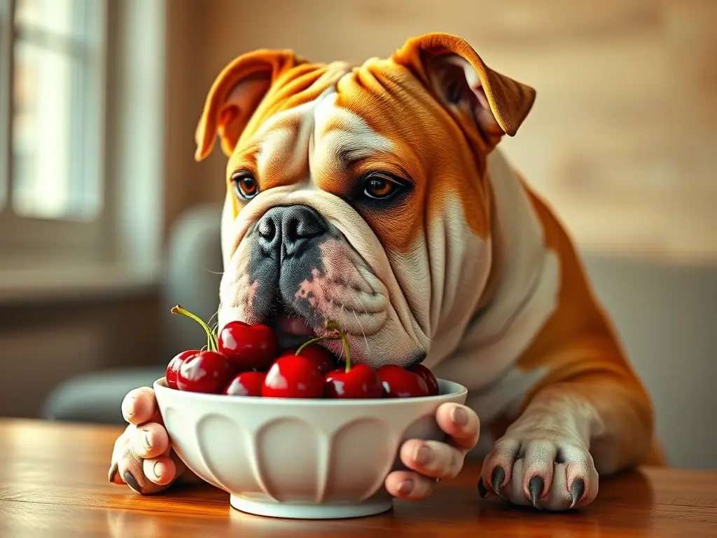 Un bulldogHandsome disfrutando frutas, 8k, realismo