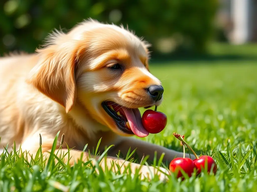 Foto realistas de un cachorro de pastor aleman masticando una cereza con aspecto natural