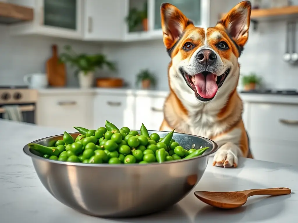 Perro feliz mira guisantes en cocina